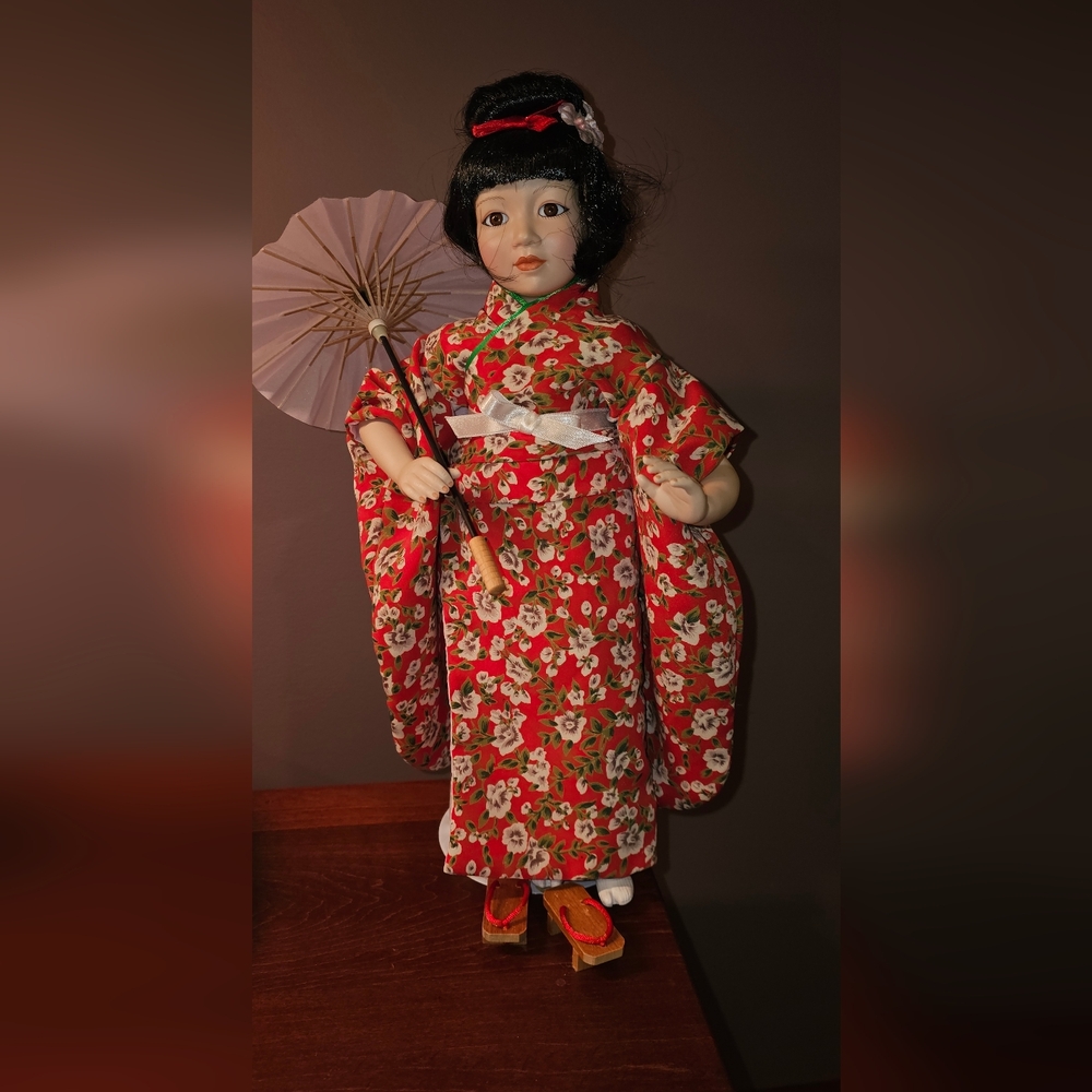 Japanese Lenox Red Floral Kimono Doll with Parasol
